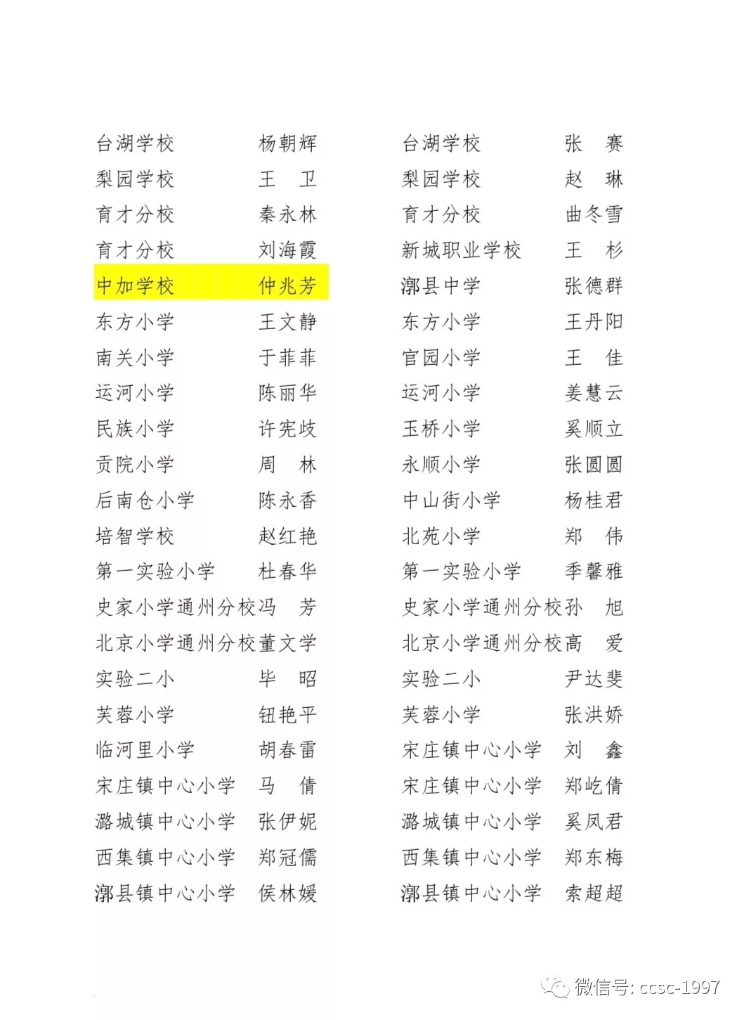 北京中加學(xué)校仲兆芳老師北京通州區(qū)委員會評選“我最喜愛的老師”稱號