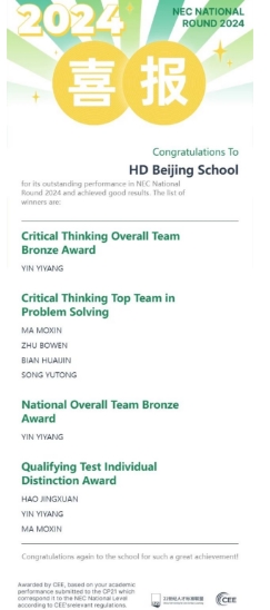 北京赫德學(xué)校國(guó)際競(jìng)賽獲獎(jiǎng)